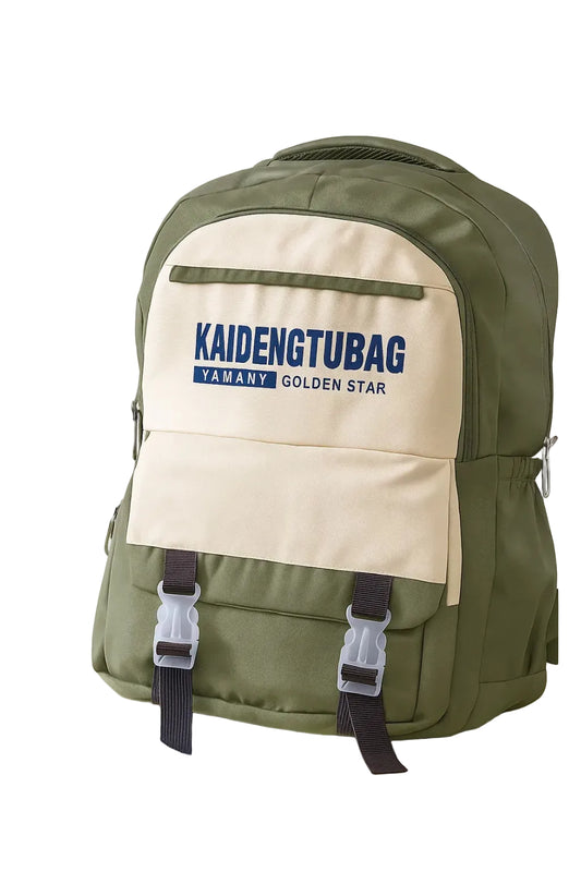 Front view of an olive and beige size 16 school backpack.