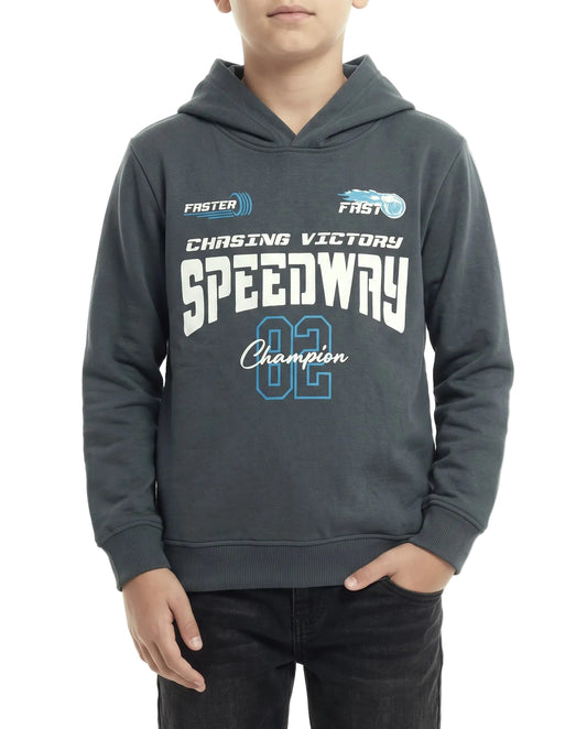 Boys' dark grey printed hoodie with speedway graphic by TREE