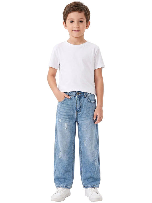 Front view of a boy wearing kids' wide-leg jeans in a classic wash by TREE.
