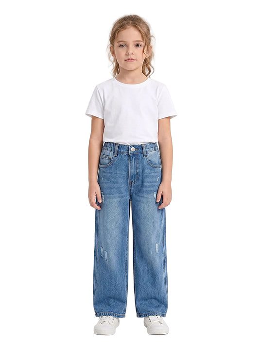 Front view of a young girl wearing girls' wide-leg jeans in a classic wash by TREE.