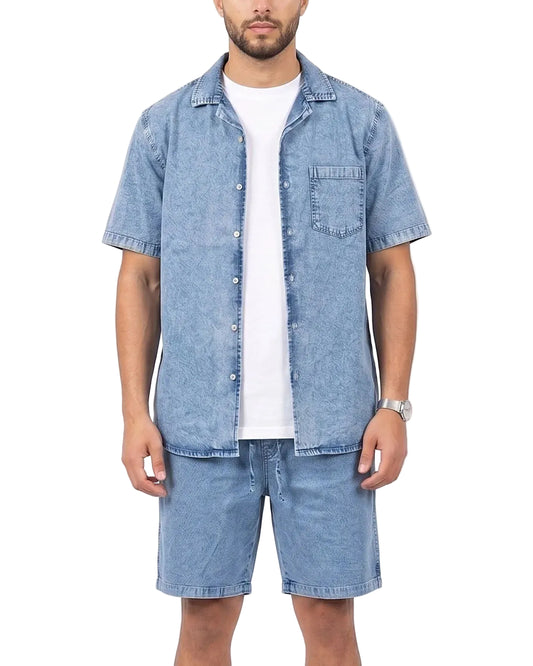 Front view of a model wearing men's 100% cotton denim shorts with an elastic waist by TREE.