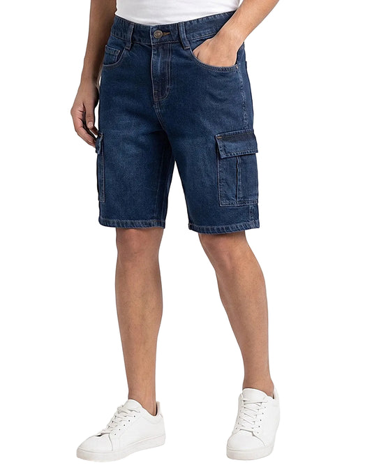 Men's Dark Blue Denim Cargo Shorts 100% Cotton – Regular Fit