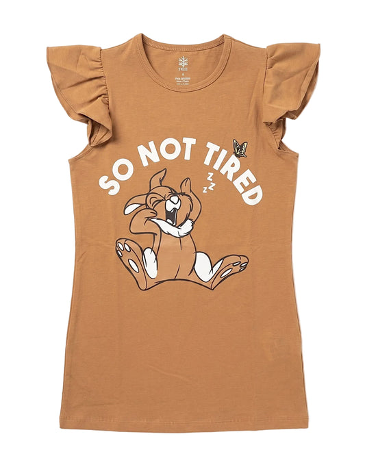 Front view of a girls' camel-colored night shirt featuring ruffle sleeves and a cartoon graphic print by TREE.