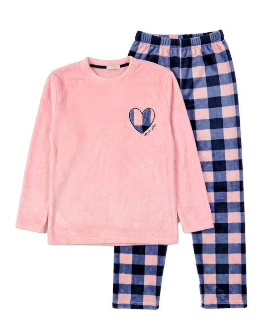 Women's polar fleece plaid pyjama set with heart embroidery by TREE