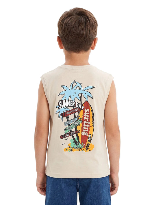 A child viewed from the back wearing a sleeveless cream-colored t-shirt with a colorful graphic print on the back, paired with blue jeans, against a plain white background.
