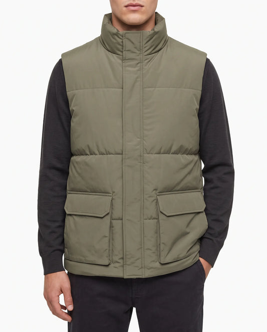 Men's olive waterproof vest with pockets and high collar by TREE