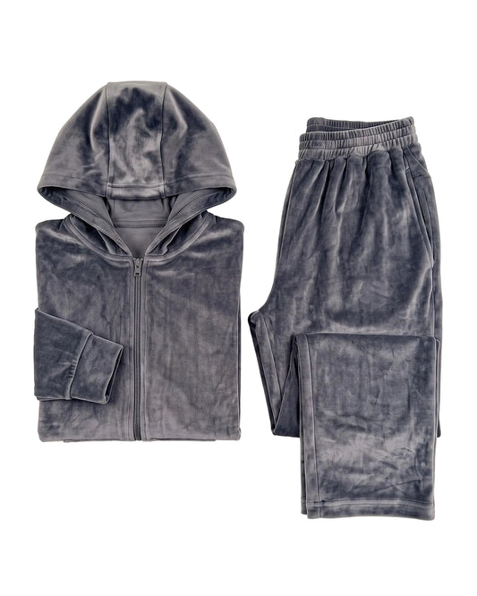 Women's classic velour zip pyjama set in grey with hoodie by TREE