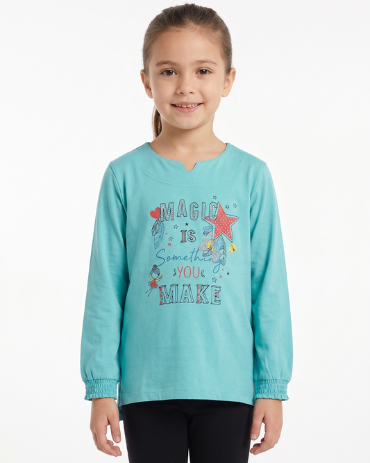 Girls' printed t-shirt with long sleeves -Turquoise