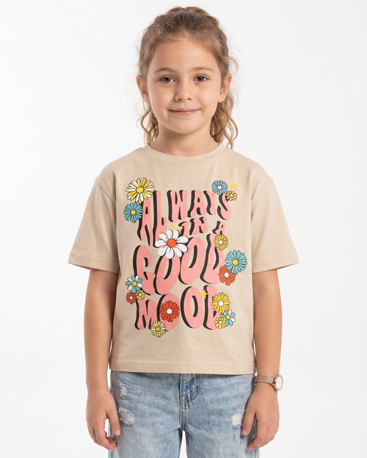 Girls' printed t-shirt-Over Size- Short Sleeve -Beige
