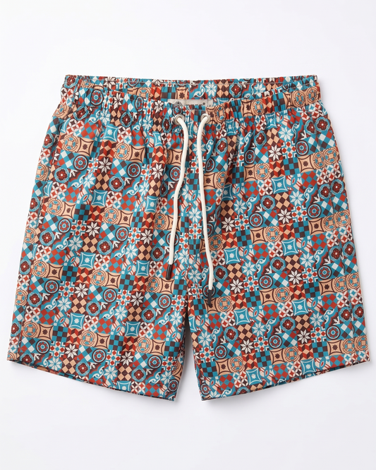 Patterned shorts with a drawstring on a white background