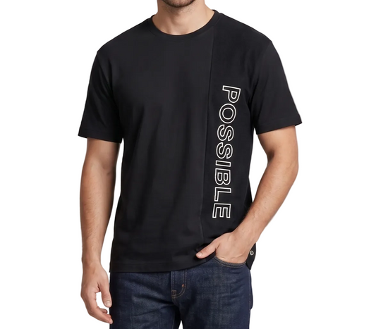 Person wearing a black t-shirt with 'POSSIBLE' text on a gray background