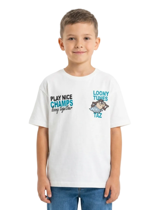 Child wearing a white t-shirt with cartoon character and text on a white background
