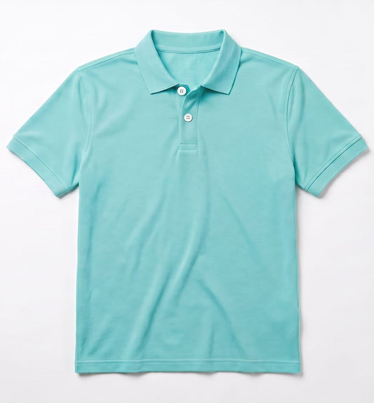 Men's turquoise polo shirt with a regular fit and white buttons, displayed against a pure white background.