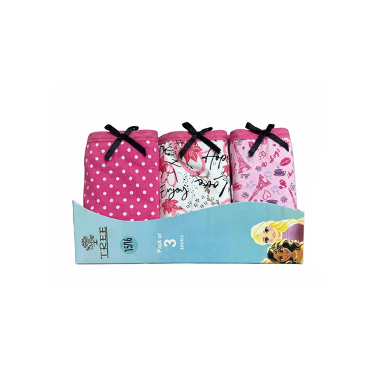 Girls 3-pack printed cotton underwear set with polka dot and botanical patterns, featuring a bow detail