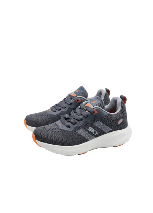 Front view of a kids' grey fashion sneaker featuring a chunky sole, SKY branding, and pull tab by TREE.