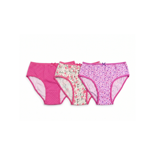 Girls 3-pack printed cotton underwear set featuring polka dot, floral, and graphic designs with bow details