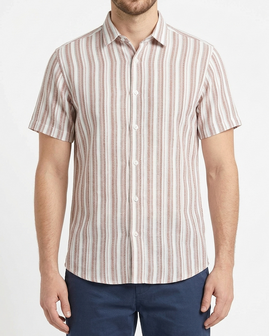 Men's Casual Striped Shirt – Short Sleeve -Burgundy