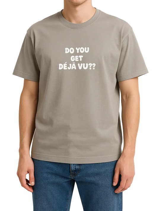 Front view of men's oversized grey t-shirt with Deja Vu print by TREE