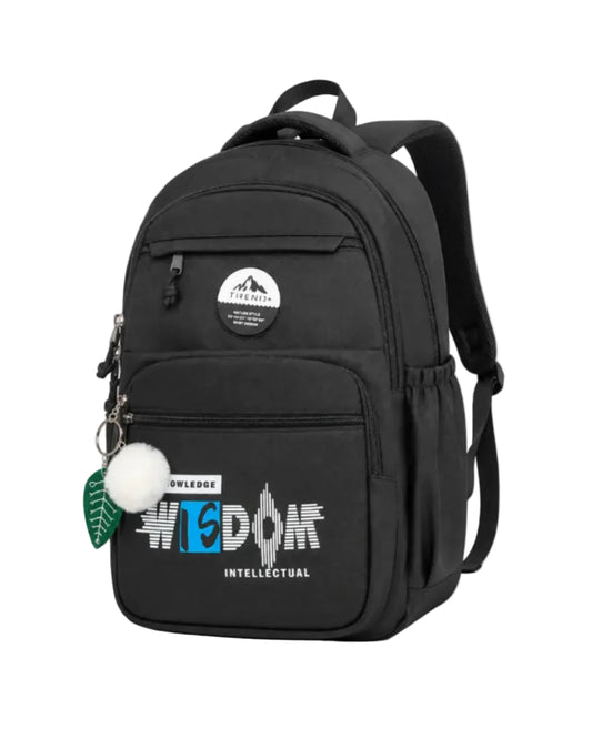 Black multi-pocket school backpack with padded back panel and shoulder straps by TREE