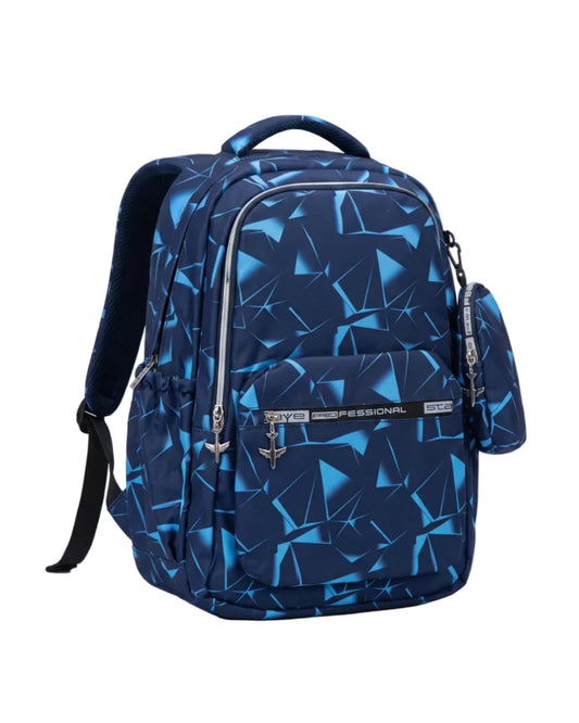 Size 18 navy backpack with blue geometric print and side pouch