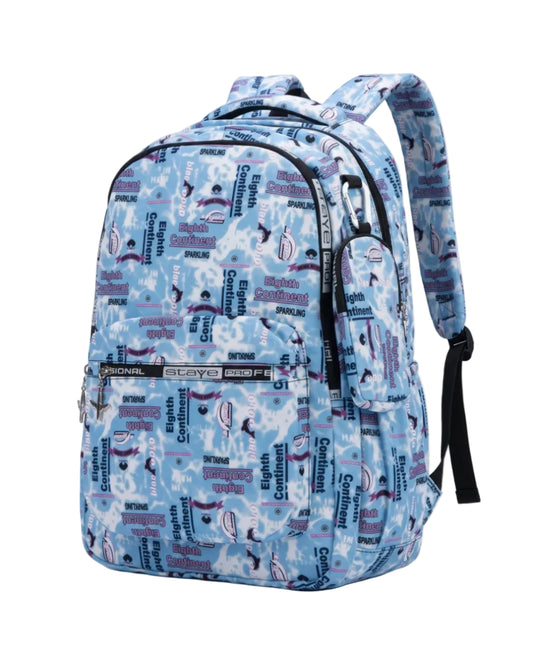 Size 18 sky blue graphic printed backpack with side pouch
