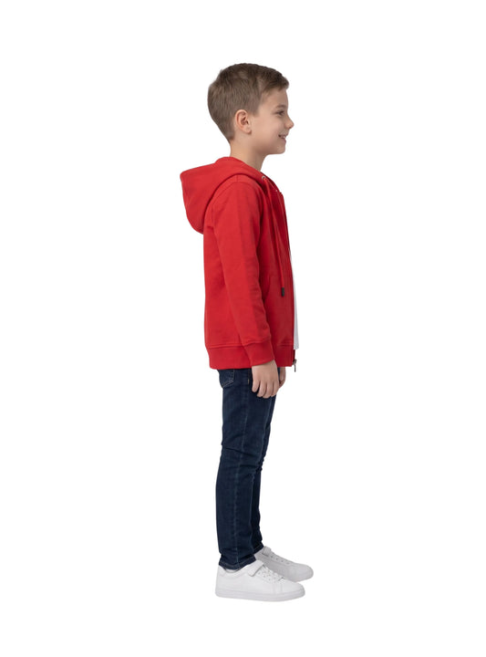 Close-up of TREE boys' lightweight red zip-up hoodie showing front zipper and kangaroo pockets