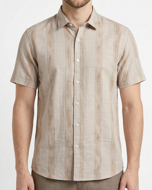 Men's Casual Striped Shirt – Short Sleeve -Beige