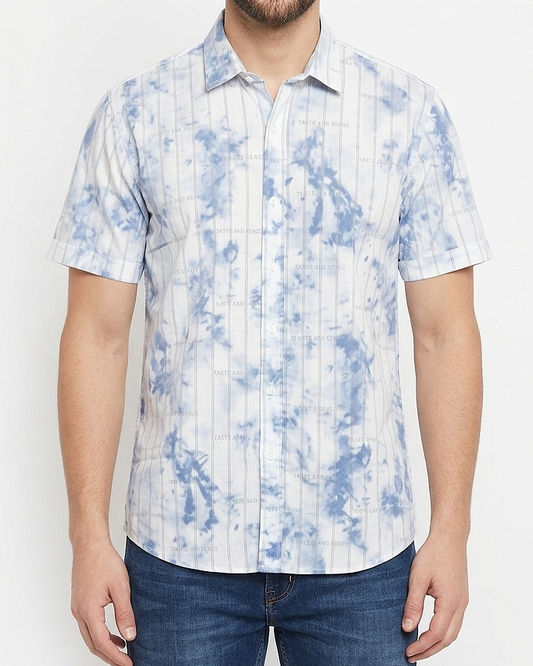 Men's casual short-sleeved printed shirt -Light Blue