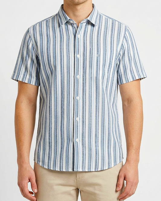 Men's Casual Striped Shirt – Short Sleeve -Light Blue