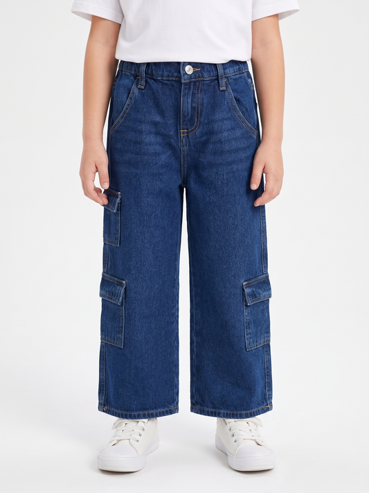 Girls' Wide Leg Cargo Jeans - Dark Blue