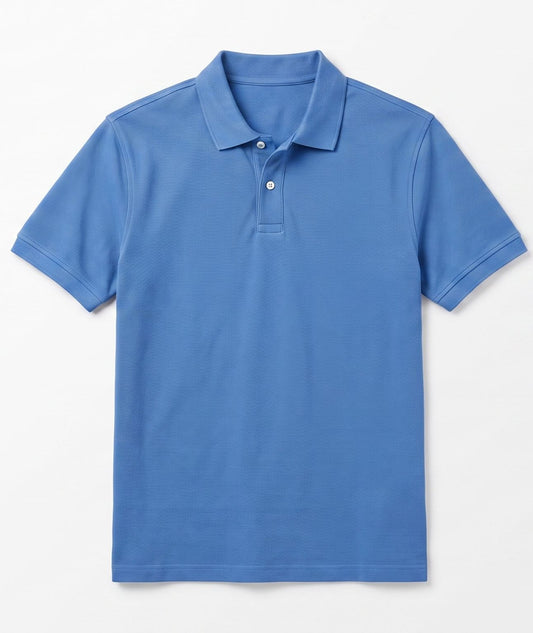 Men's blue polo shirt with a regular fit and white buttons, displayed against a pure white background.