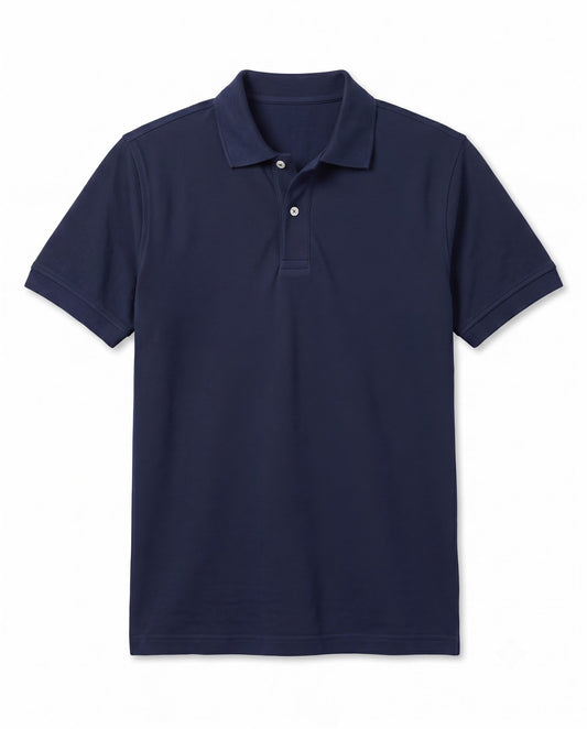 A navy blue short-sleeve polo shirt with a three-button placket, displayed flat against a plain white background by tree