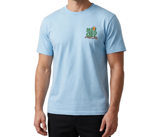 Person wearing a light blue t-shirt with a logo on a plain background