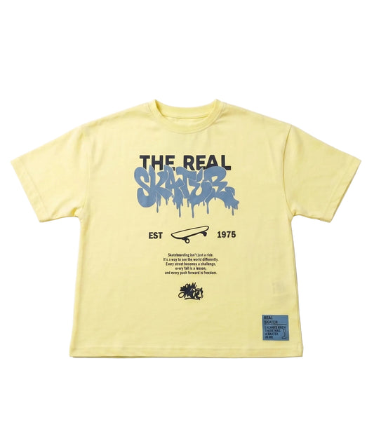 Yellow t-shirt with blue and black graphics on a white background