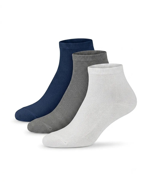 Kids' Ankle Socks 3-Pack in Navy, Grey & White – 80% Cotton