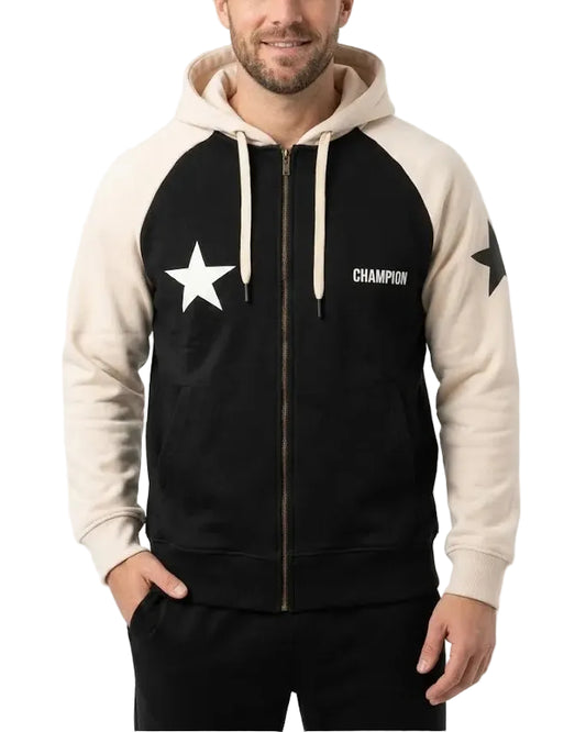 Men's Color-Block Full-Zip Hoodie Black & Beige