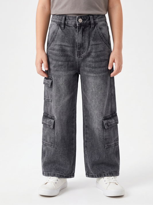 Girls' Wide Leg Cargo Jeans - Dark Grey