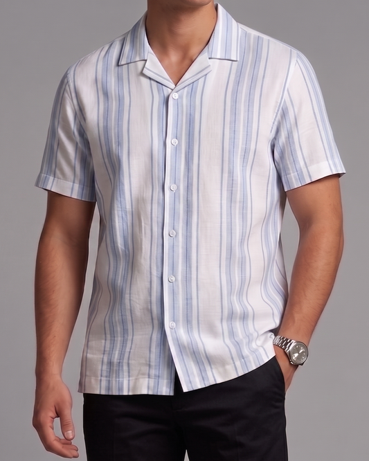 Men's Casual Striped Shirt – Short Sleeve - Light Blue