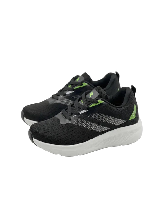 Front view of a kids' black fashion sneaker featuring a chunky sole, highlights, and pull tab by TREE.