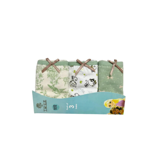 Close-up of the green 3-pack printed underwear set with bow detail from TREE