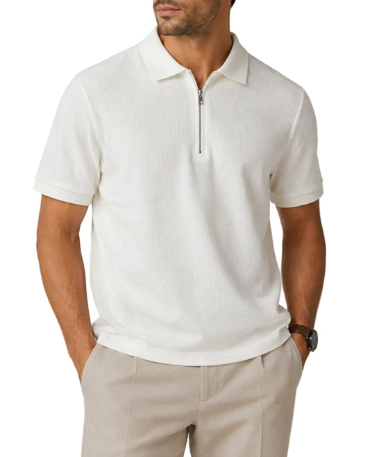 Men’s White Textured Zip Polo Shirt – Regular Fit