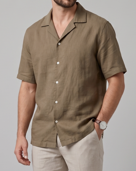 Men's Fashion Short Sleeve Linen Shirt - Coffee