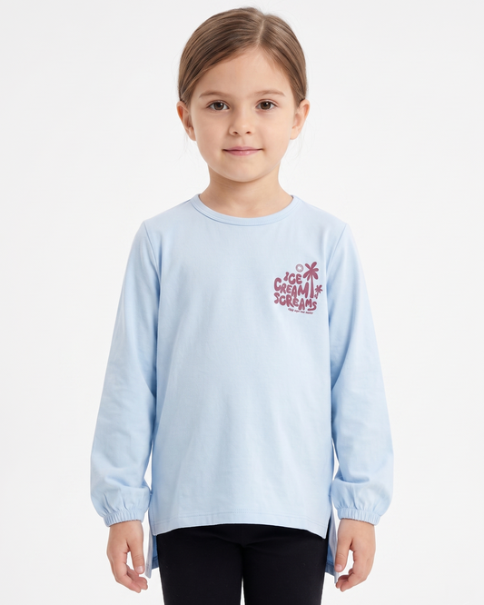 Girls' printed t-shirt oversized with long sleeves -Light Blue