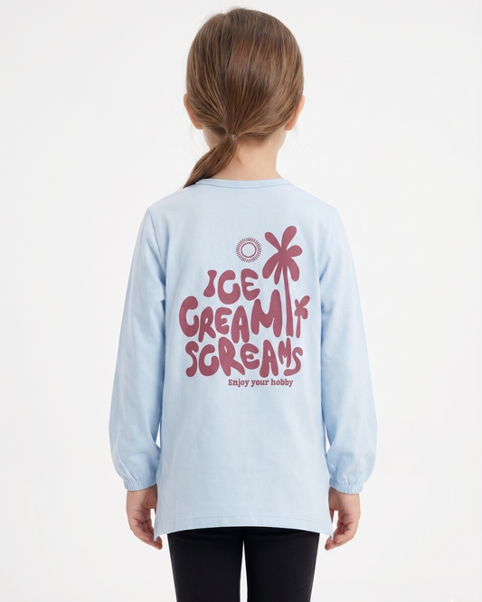 Girls' printed t-shirt oversized with long sleeves -Light Blue