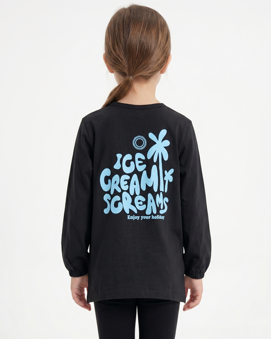 Girls' printed t-shirt oversized with long sleeves - Black