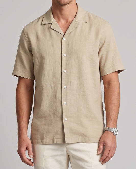 Men's Fashion Short Sleeve Linen Shirt - Beige