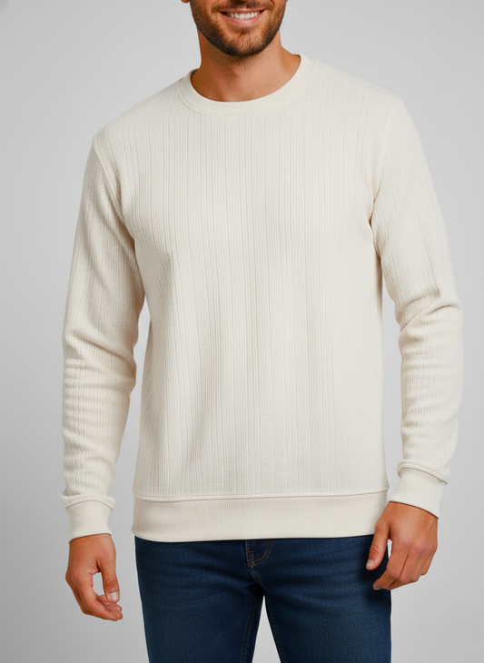 Men's 100% Cotton Ribbed Crew Neck Sweatshirt - Off White