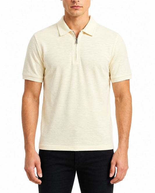 Men’s off-white Textured Zip Polo Shirt – Regular Fit