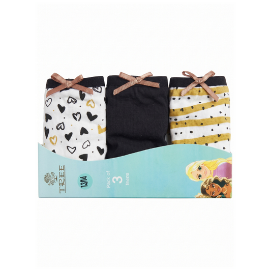 A three-pack of girls' underwear in retail packaging, featuring pairs with heart, dark blue, and yellow polka-dot patterns