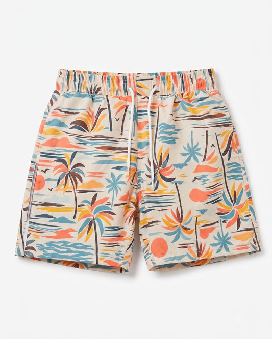 Men's summer shorts featuring a tropical palm tree print, elastic waistband, and adjustable drawstring.